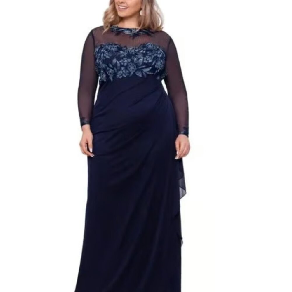 Xscape Long Sleeve Sheer Matte Dress with Blue Embroidered Top 22W